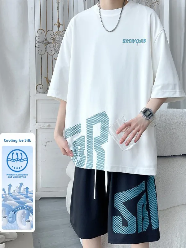 

Ice Silk Cool Sensation Short Sleeve T-Shirt Men's Set 2025 New Summer Sport Casual Five-Quarter Shorts Men's Two-Piece Set