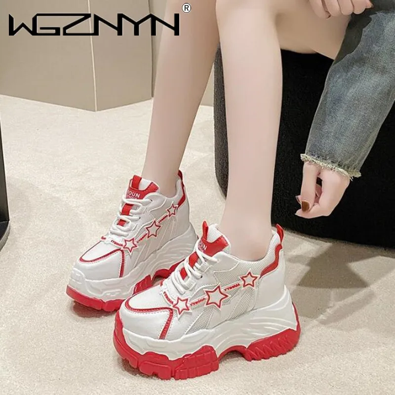 

Women High Platform Casual Mesh Shoe 2024 New Summer Autumn Lace-up Chunky Sneakers 11CM Wedges Hidden Heels Leisure Shoes Woman