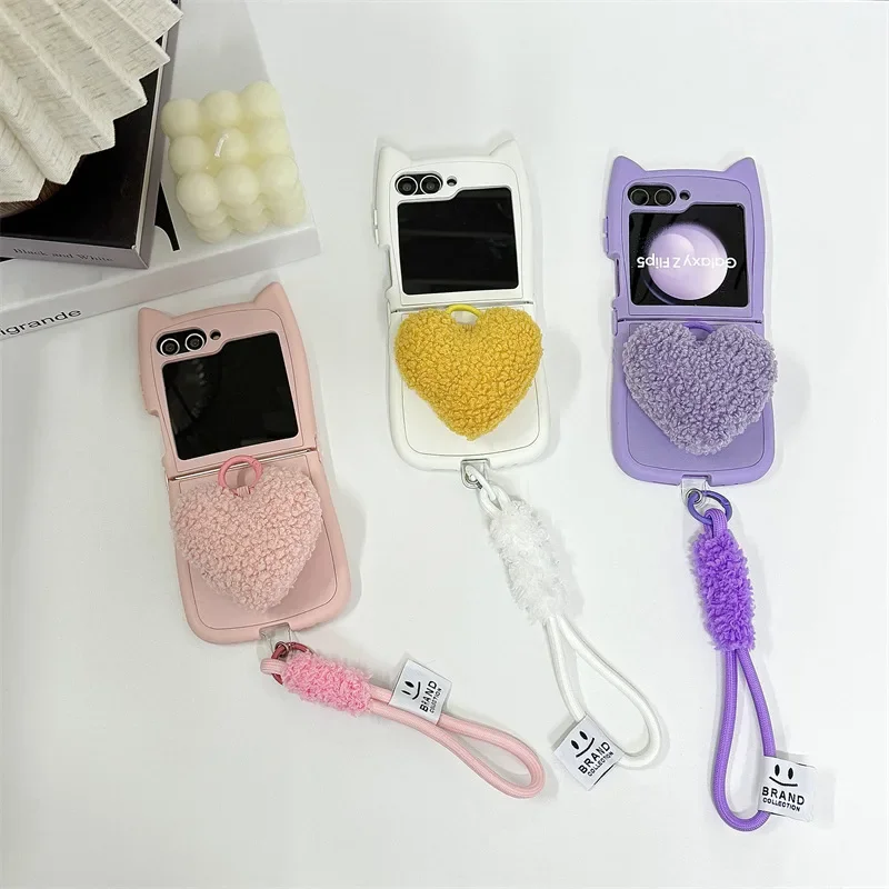 

Plush Heart Cat Ears Phone Case for Samsung Galaxy Z Flip 6 5 4 3 Protective Back Cover for ZFlip4 ZFlip5 ZFlip6 Case