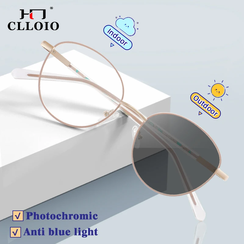 

CLLOIO Fashion Round Myopia Photochromic Prescription Eyewear Hyperopia Reading Glasses Women Anti Blue Light Eyeglasses Frame