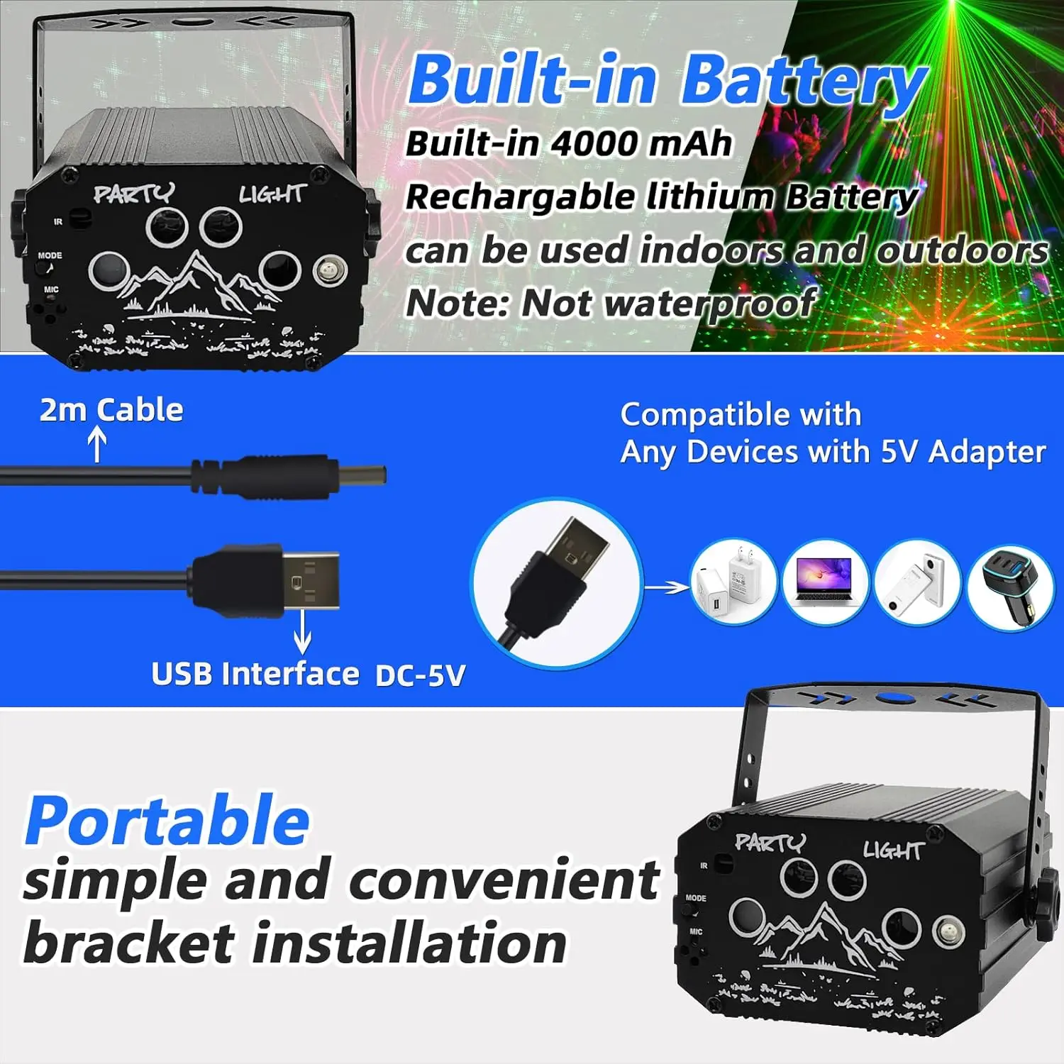 Подарок на день рождения, декоративные светильники для вечеринки, портативный мини-диско-шар 3-в-1, DJ сценический стробоскоп, RGB-свет, умный пульт дистанционного управления, питание от USB