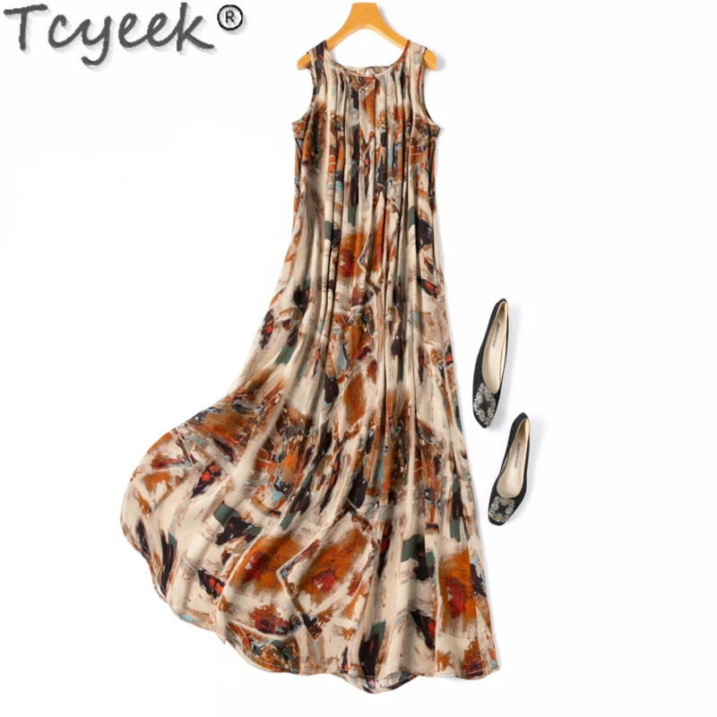 

Tcyeek 100% Mulberry Silk Dress Women Elegant Women's Dresses Beach Dress Sleeveless Summer Clothes Loose Waist Vestido Mujer