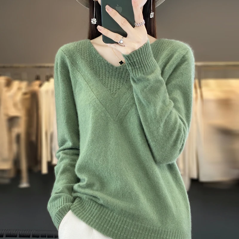 100% Merino wool pullover spring and fall new cashmere sweater women's V-neck pullover warm bottom knit shirt top