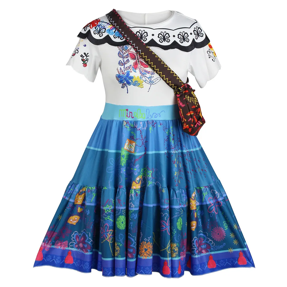 Mexican Princess Dress Mirabel Cosplay Costume White Blue Dress With Bag Women Girls Halloween Role Play Outfit Birthday Gift view 5