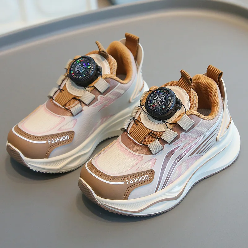 Детские весенне-осенние модные кроссовки для мальчиков, дышащая повседневная обувь с сеткой и поворотными пуговицами, кроссовки для бега на мягкой подошве для девочек, нейтральные