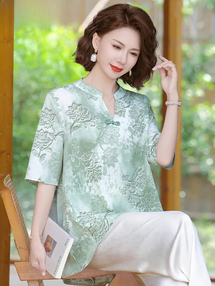 

Новый китайский летний комплект одежды для мамы: модный топ с коротким рукавом и узором снежинки, свободный крой, из полиэфирного волокна