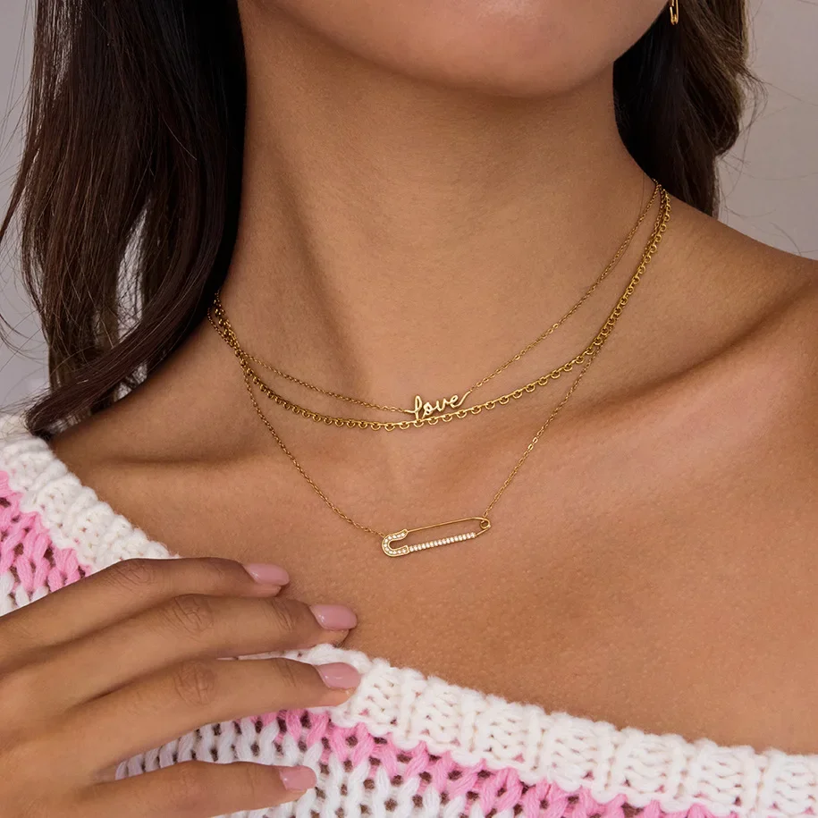 New Fashion Pin Layered Necklace,Waterproof Non-Fading Stainless Steel,Dainty Cursive Love Script Choker Jewelry