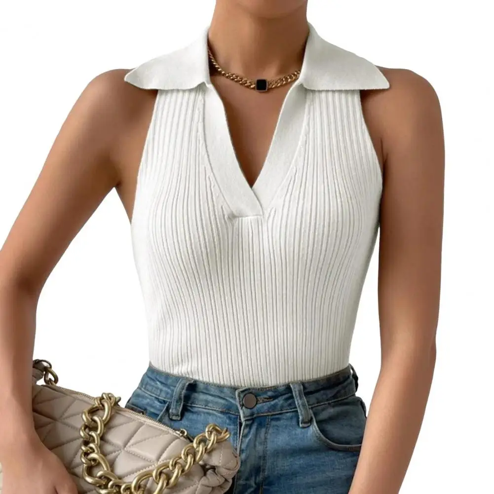 

Women Vest V-neck Lapel Sleeveless Off Shoulder Pullover Tops Solid Color Slim Fit Ribbed Tops Streetwear