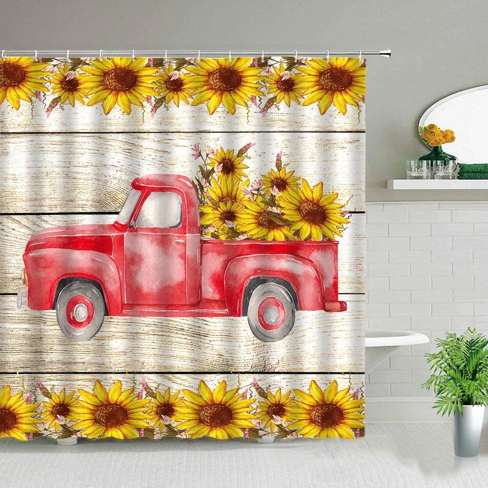 Sunflower Flower Wood Grain Plant Scenery Bathroom Shower Curtain Cactus Butterfly Bee Floral Landscape Bath Curtains With Hooks