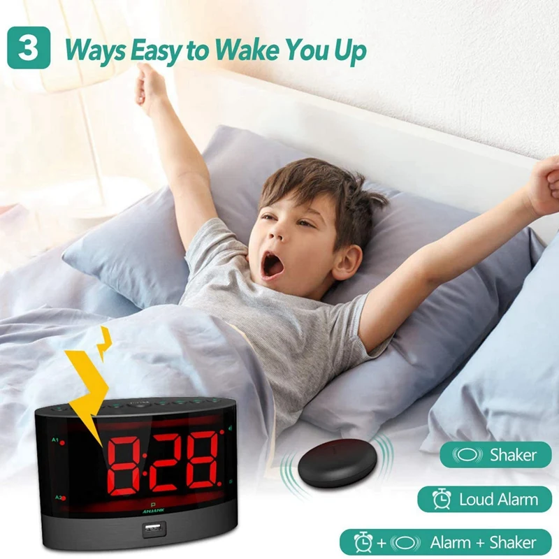 2X Extra Loud Alarm Clock With Wireless Bed Shaker,Vibrating Dual Alarm Clock For Heavy Sleepers