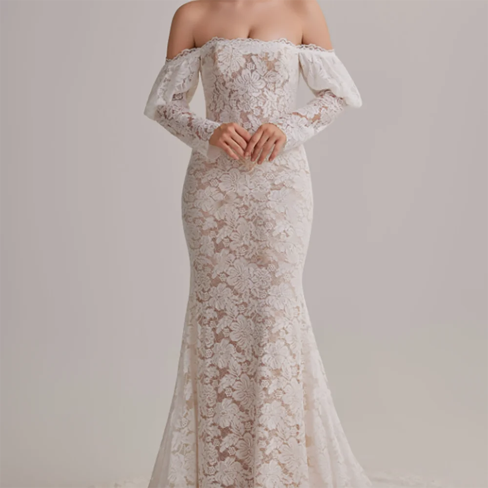 

Elegant Off Shoulder Lace Basque Mermaid Bride Wedding Dresses Bridal Gowns Customized