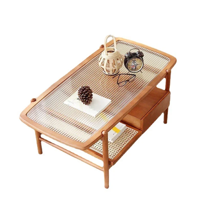 

Japanese-style solid wood coffee table rattan double-layer small apartment Changhong glass tea table