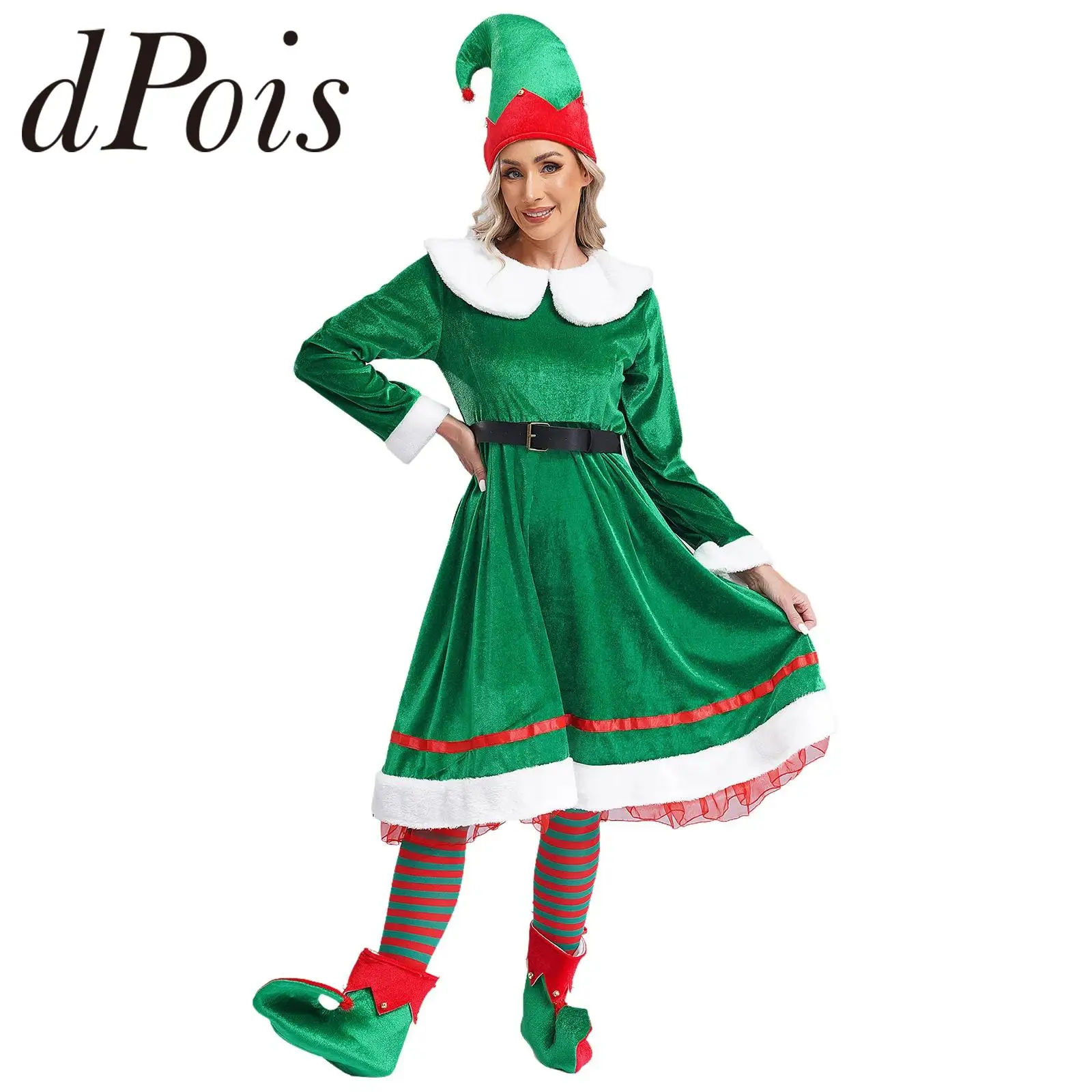 Womens Christmas New Year Elf Cosplay Costume Flannel Dress with Hat Shoes Belt Stockings Set Carnival Festival Party Dress Up