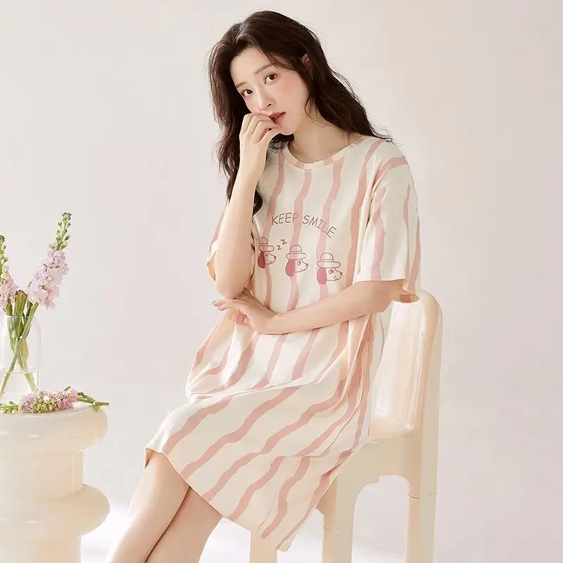2026 Hot Summer Short Sleeve 100% Cotton Casual Striped Nightgowns for Women Korean Sleepwear Night Dress Nightdress Home Nighty