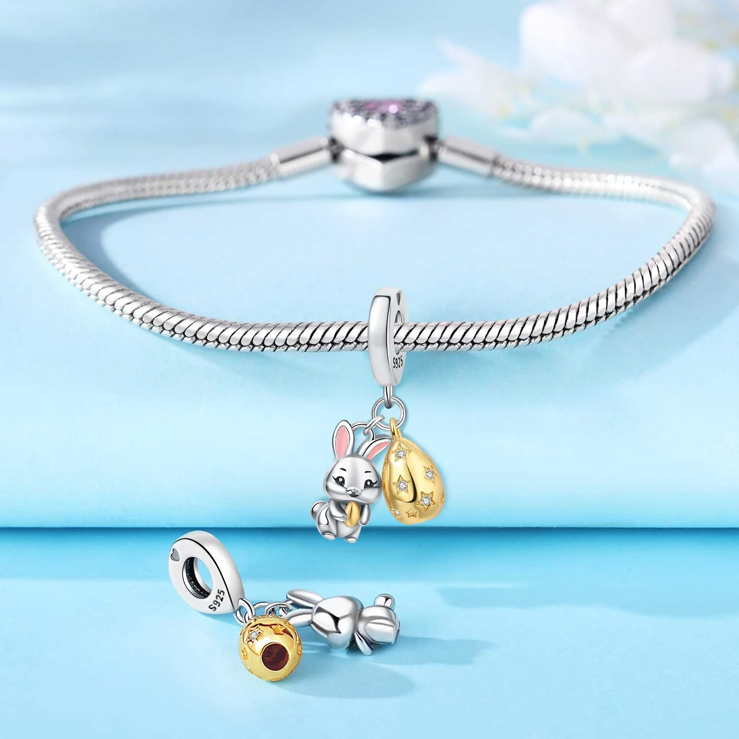 925 Sterling Silver Easter Bunny Easter Egg Pendants Bracelet Charms Fit Women Jewelry Party Beads DIY Exquisite Gifts Accessory