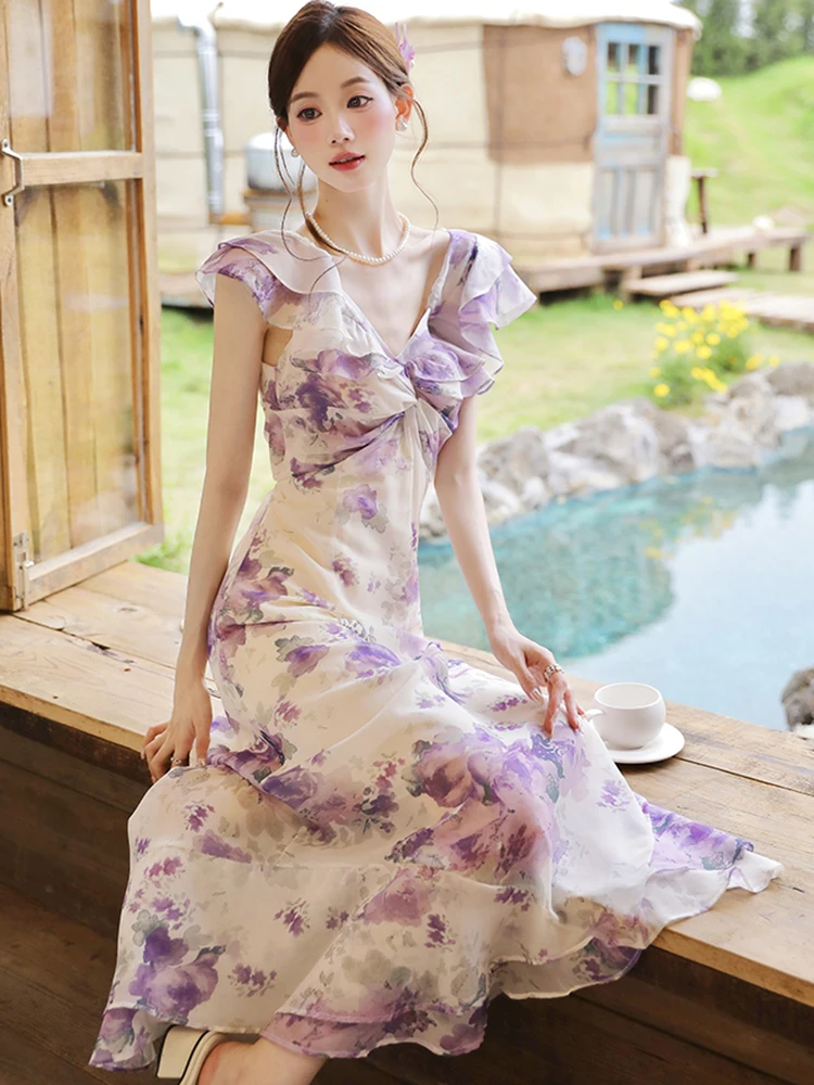 サマーパープルフローラルVネックノースリーブドレス レディース エレガントシック ラッフルビーチドレス 2025 韓国ファッション ボディコン ラグジュアリー ワンピース