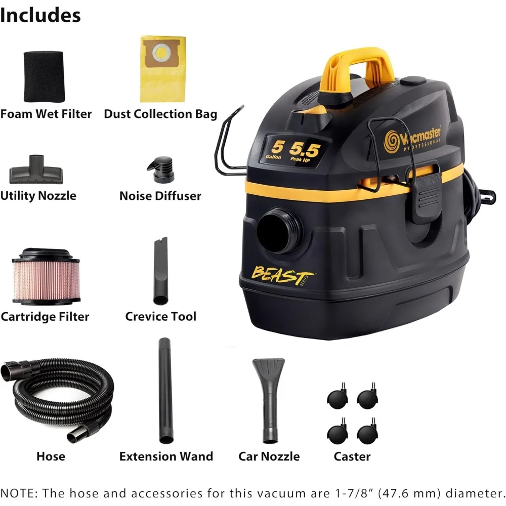مكنسة كهربائية رطبة وجافة سعة 5 جالون 5.5 حصان، عالية الأداء، باللون الأسود #2