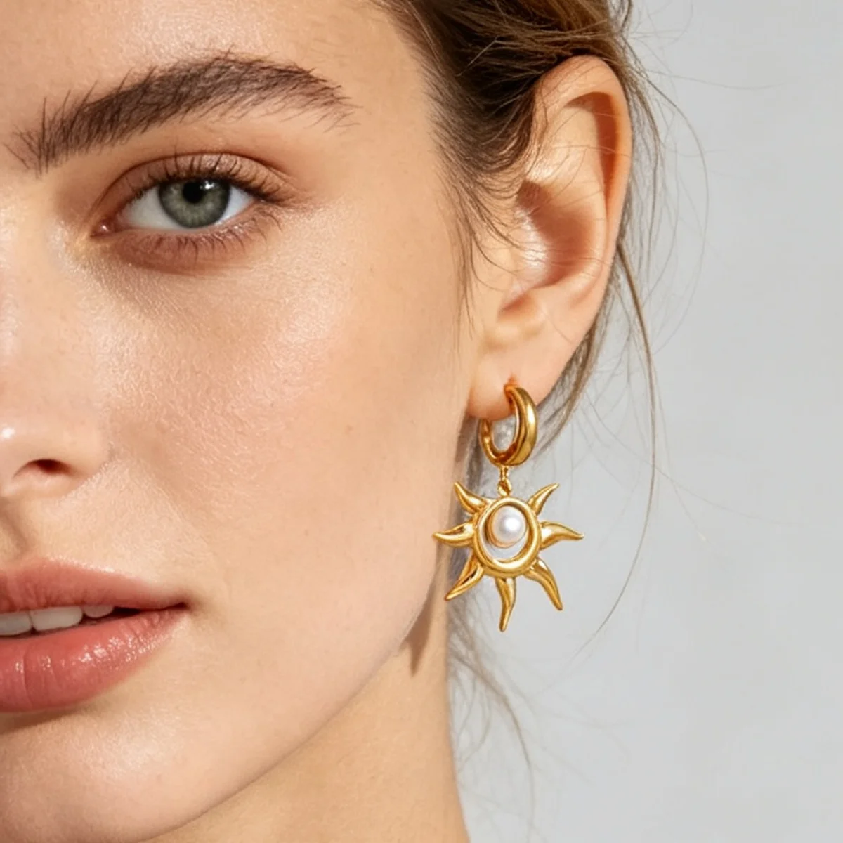 Vintage Sunburst Imitationsperlen-Ohrhänger für Damen, goldfarben, Edelstahl, Creolen, hängende Ohrringe, Schmuck – Detail 7