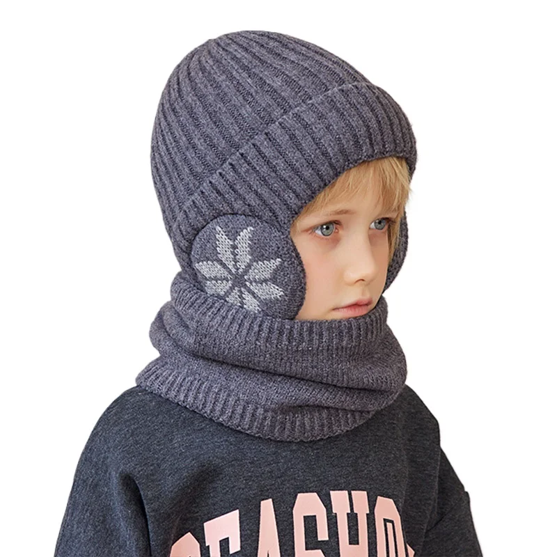 2 szt. Dzianinowy Zimowy Zestaw Czapka i Szalik dla Dzieci z Podszewką z Polaru, Ochrona Uszu, Czapki typu Beanie dla Dzieci, Ocieplacz na Szyję, Ciepła Czapka dla Chłopca, Rozmiar 4-10 lat