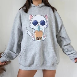 Sudadera con capucha Kawaii Bubble Tea Satoru Gojo Cat para mujer, sudaderas con capucha Unisex Jujutsu Kaisen, sudaderas con capucha de Manga Anime de dibujos animados, talla grande