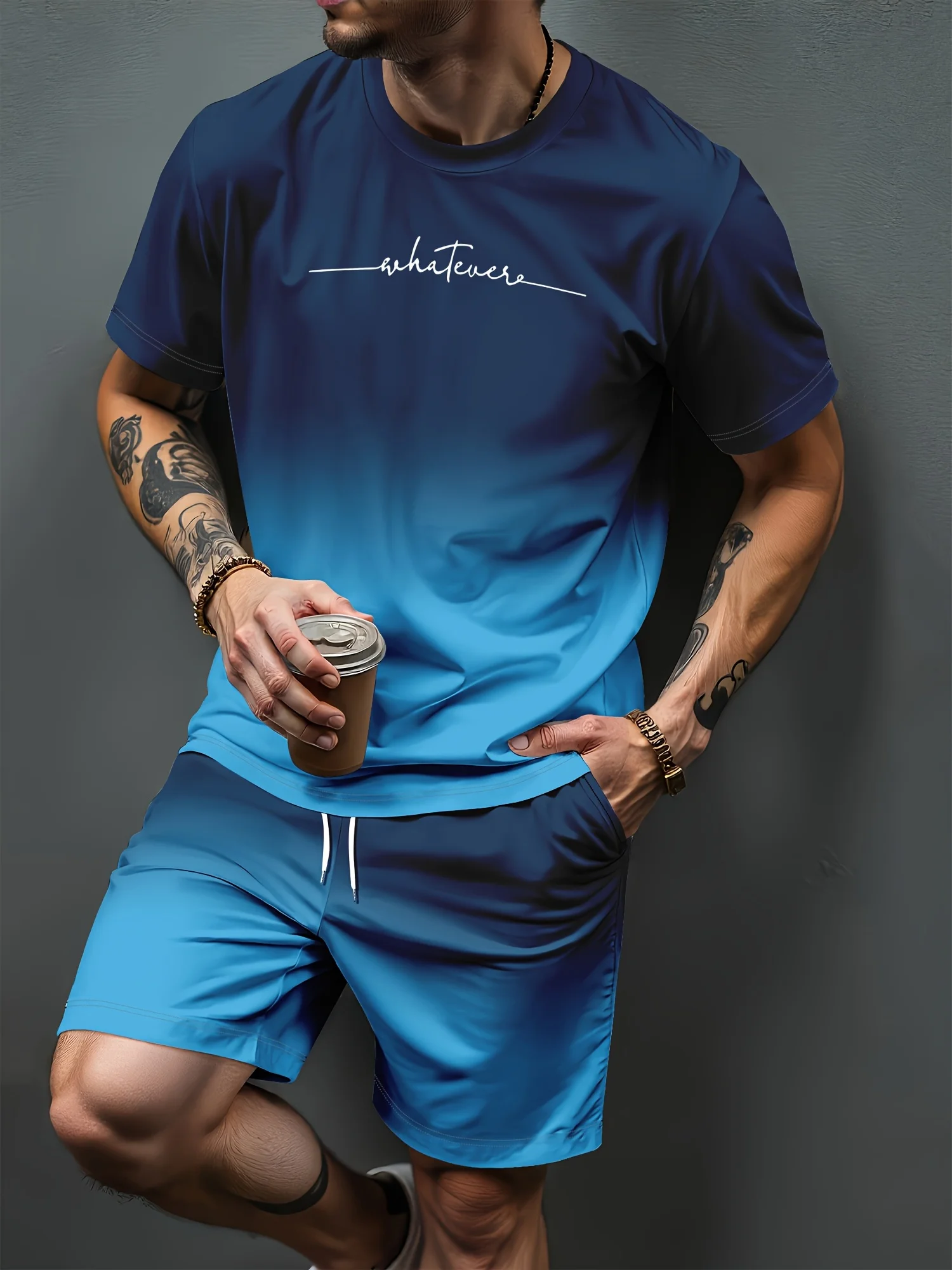 Mens Summer Casual 3D Printed T-Shirt and Shorts Set Gradient Letter Pattern Sporty Two-Piece Set Urban Fashion Casual Trend Set