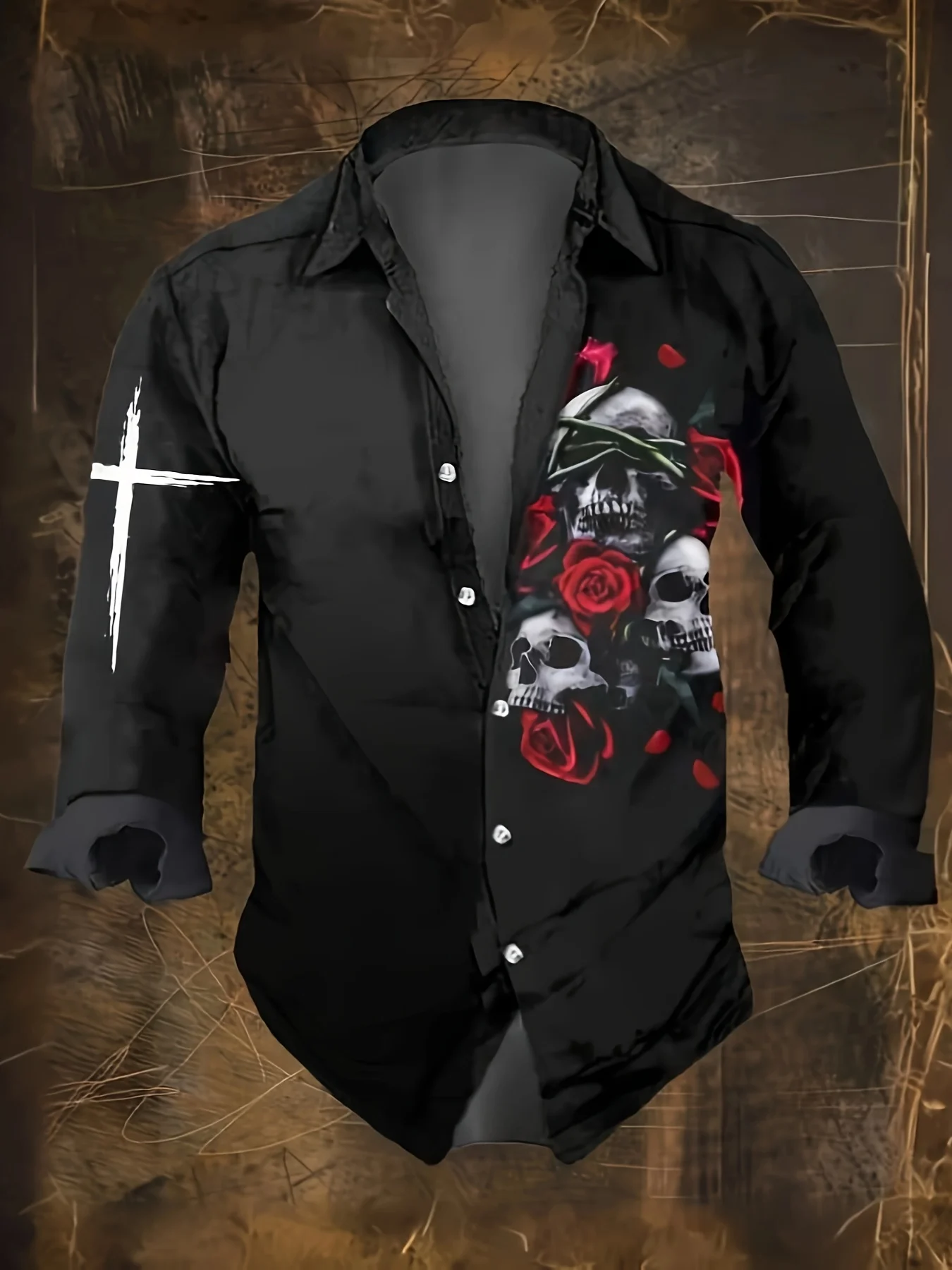 Men Gothic Skull Red Rose Cross Print Long Sleeve Shirt Lapel Collar Button‑Up Polyester Punk Party Blouse