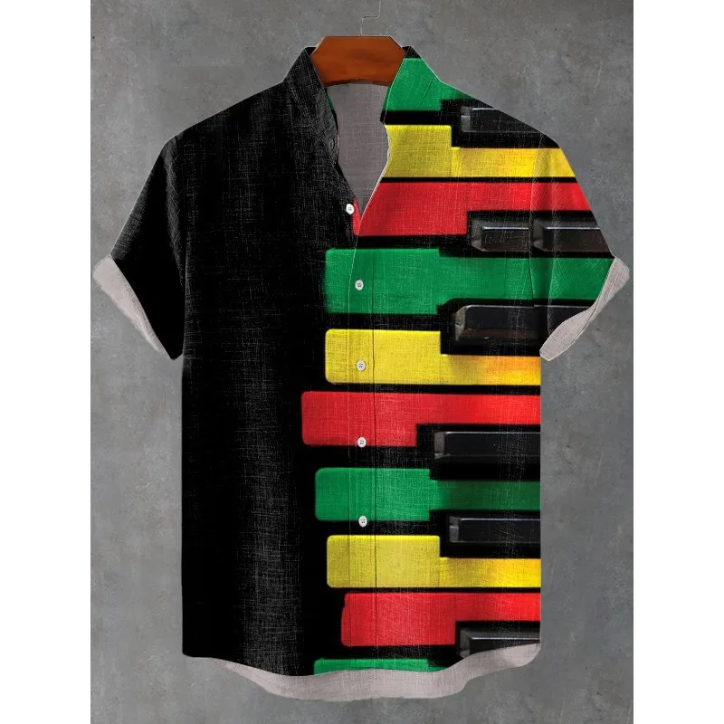 

Мужская современная рубашка с воротником-стойкой в стиле музыки, черная и красочная рубашка с принтом клавиш фортепиано, летние топы с короткими рукавами на пуговицах в стиле ретро