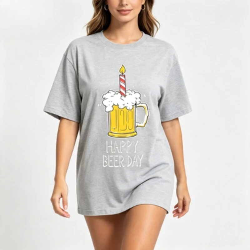 Funny Beer Lover Women Cotton Tshirt Happy Beer Day Beer Mug Candle Graphic Casual Birthday Gift Crew Neck Short Sleeve Tees