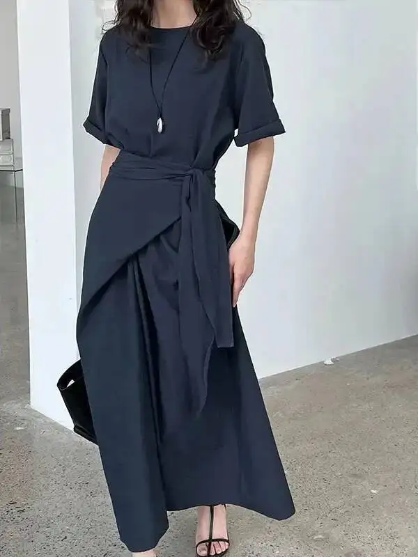 عبر التعادل قصيرة الأكمام فستان طويل الصيف الخصر التخسيس ألف خط تي شيرت فستان عادية الكورية فساتين النساء 2025 جديد 3EEA