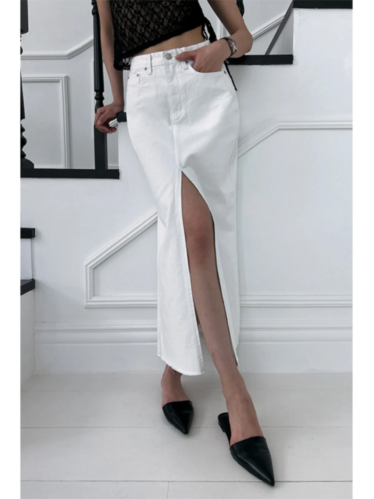 White Denim Asymmetrical Long Skirt Women's Fashionable Spring Summer High Waist Straight Cut  Midi Skirt Zipper Closure