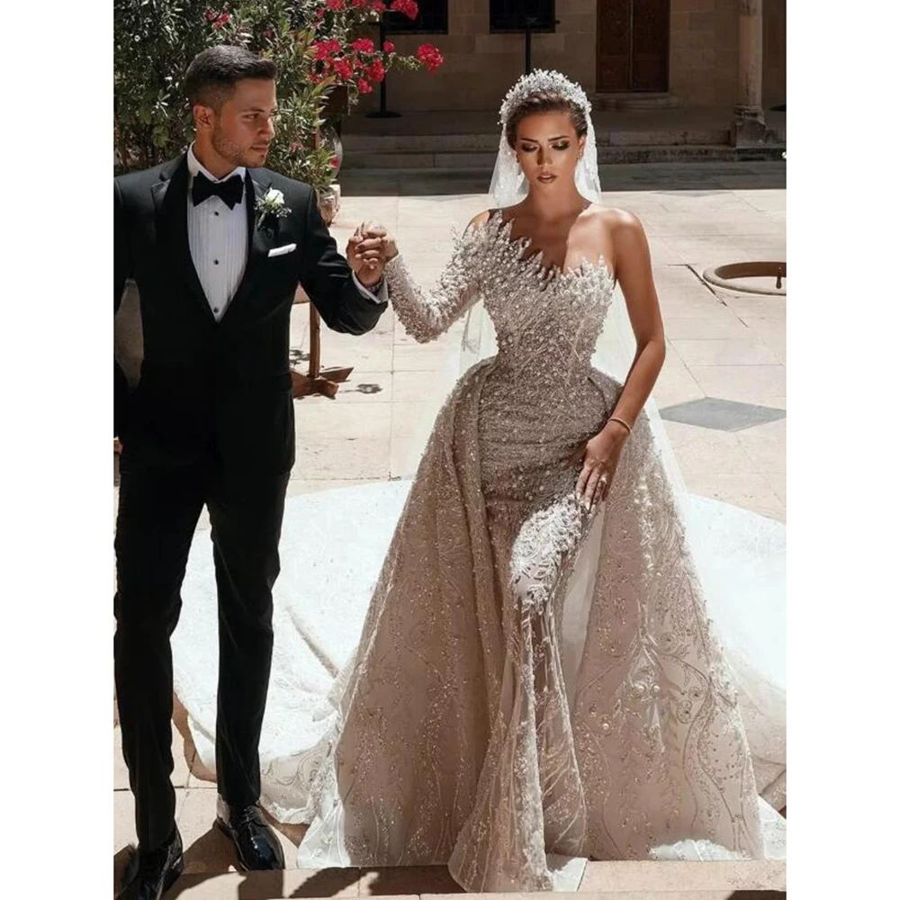 High-end Women Wedding Dresses Strapless One Shoulder Sleeve Floor Length Detachable Train Pearls Mermaid Banquet Ball Gowns