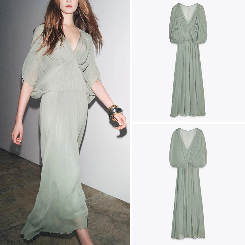 

Новое летнее поступление, женское платье Dr ZA2025, длинное плиссированное платье с v-образным вырезом и высокой талией длиной до пола, цветное платье