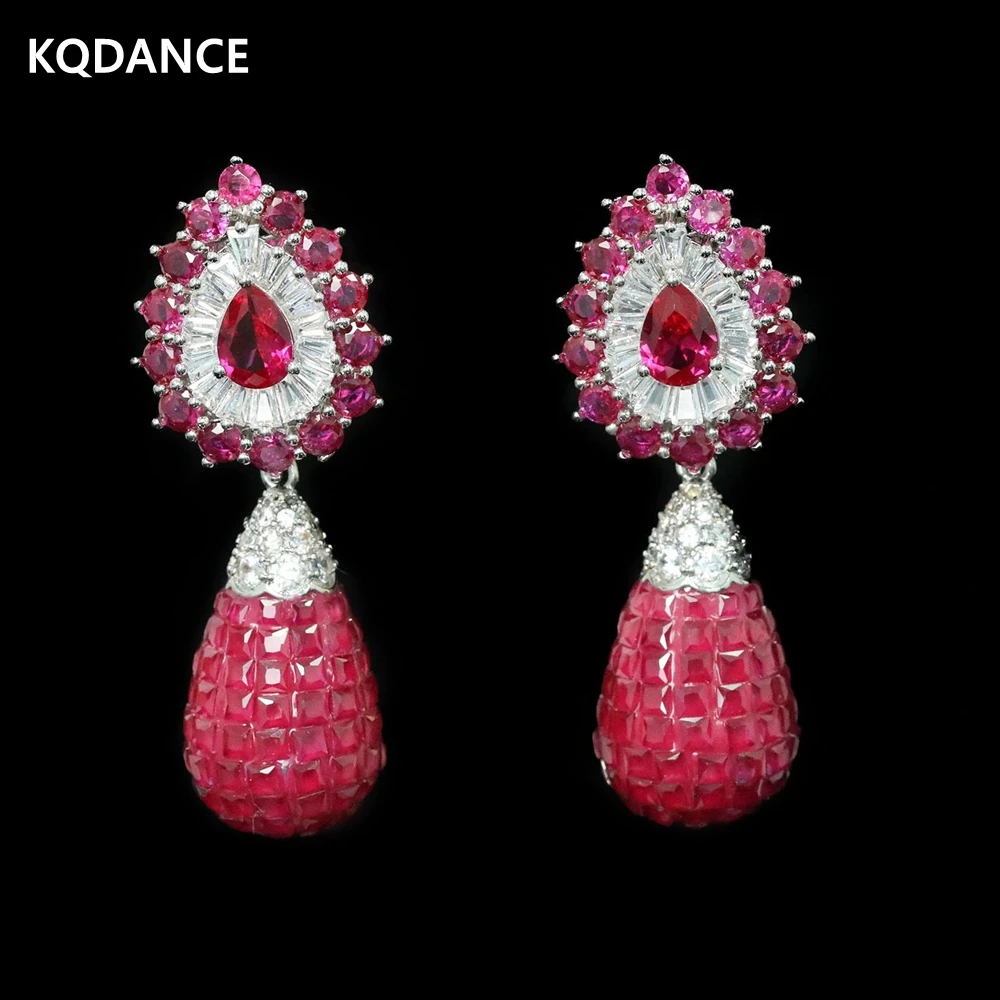 

KQDANCE 925 Sterling Silver With Synthetic Red Ruby Gemstone High Carbon Diamond Water Drop Earrings For Women Fine Jewelry