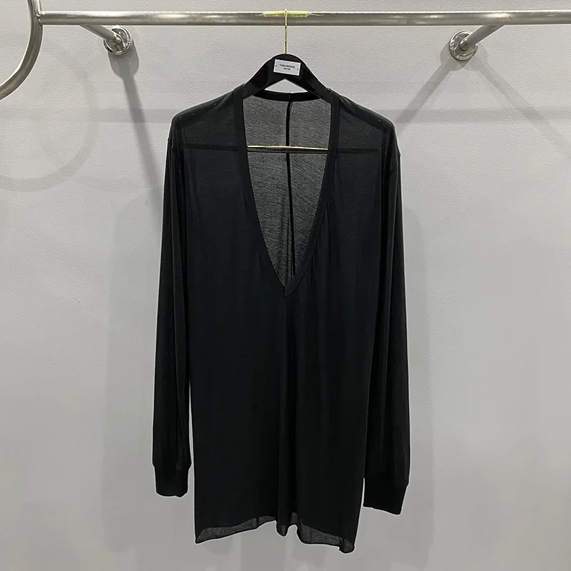 

High Street Men's T-shirt Cotton Tees for Man Comfortable V-neck Black Solid Shirts Fashion Men's Clothing