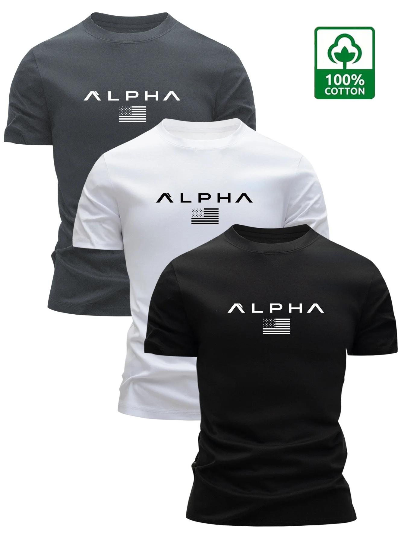 

Мужская футболка из трех частей с короткими рукавами из чистого хлопка с американским рисунком с принтом, обычный стиль, топ оверсайз.