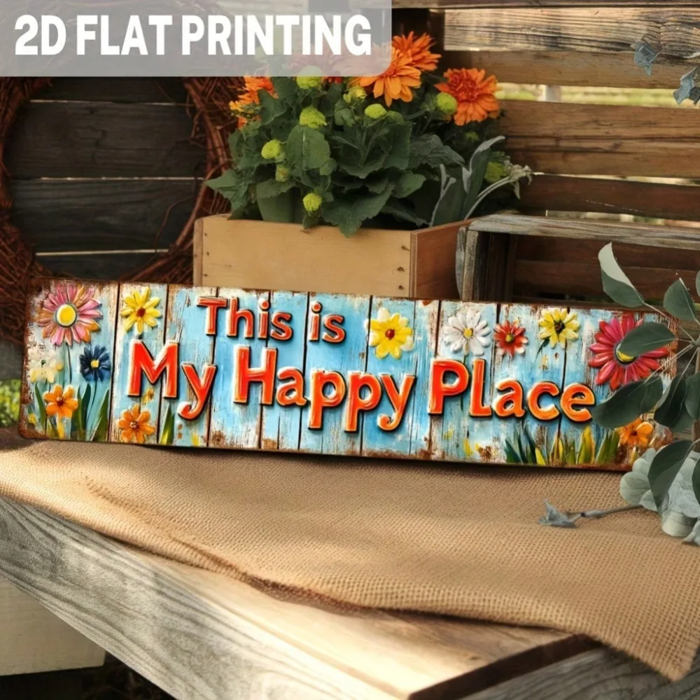 HappyPlaceFloralVintage 3,93 x 15,74 Zoll Metallschild „This Is My Happy Place“ – leuchtendes, florales, rustikales Veranda-Dekor für den Innen- und Außenbereich
