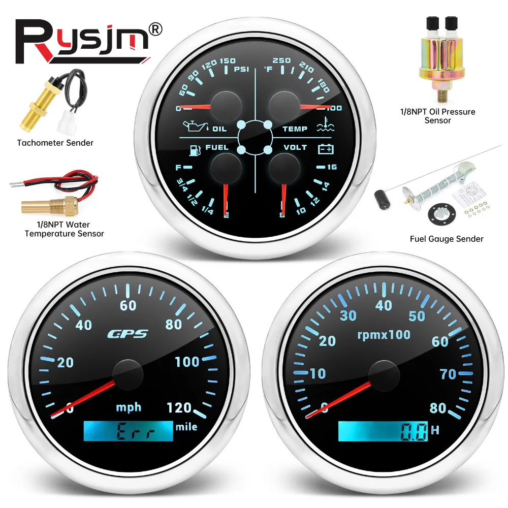 

3 Gauges Set 85mm GPS Speedometer 120MPH+8000RPM Tachometer+4 in 1 Fuel Level Gauge Oil Pressure Voltmeter Temp With Sensors