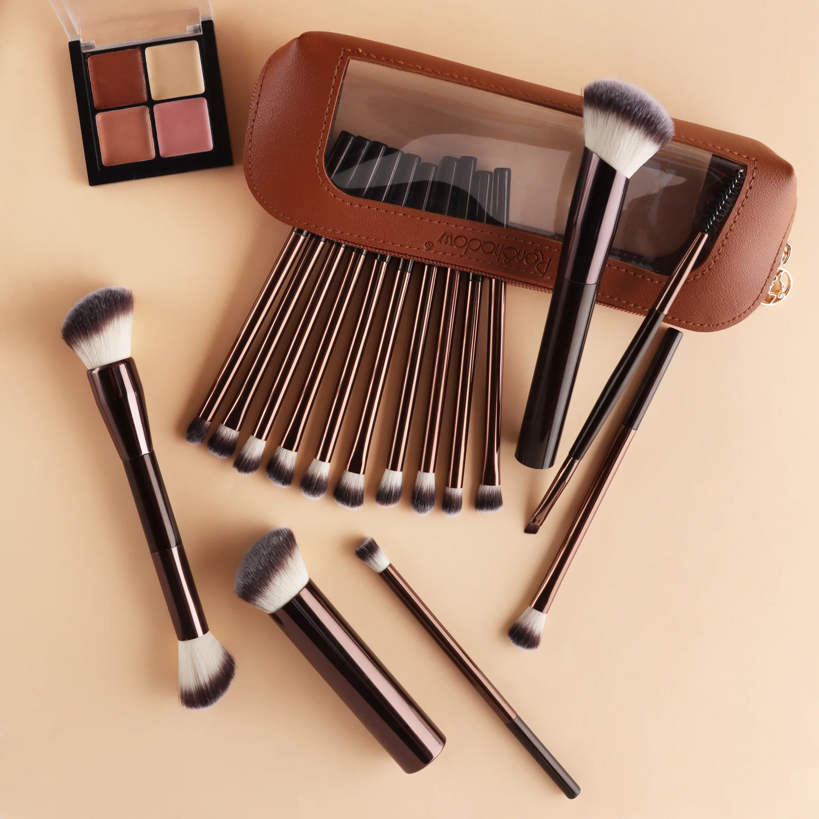 16‑Pack Multi‑function Makeup Brushes With Zipper Pouch, Angled Setting Blush Eyeshadow Blending Brush, Cosmetic Kit
