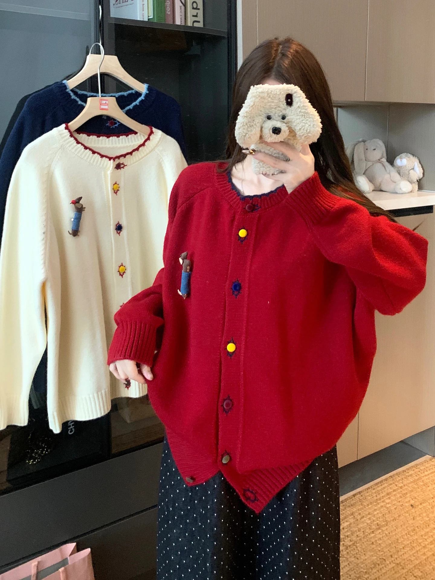 

Korean Sle Sweet Embroidered Sausage Dog Knitted Open Cardigan Women's Autumn Winter plus Size Lazy Medium Length Sweater J...