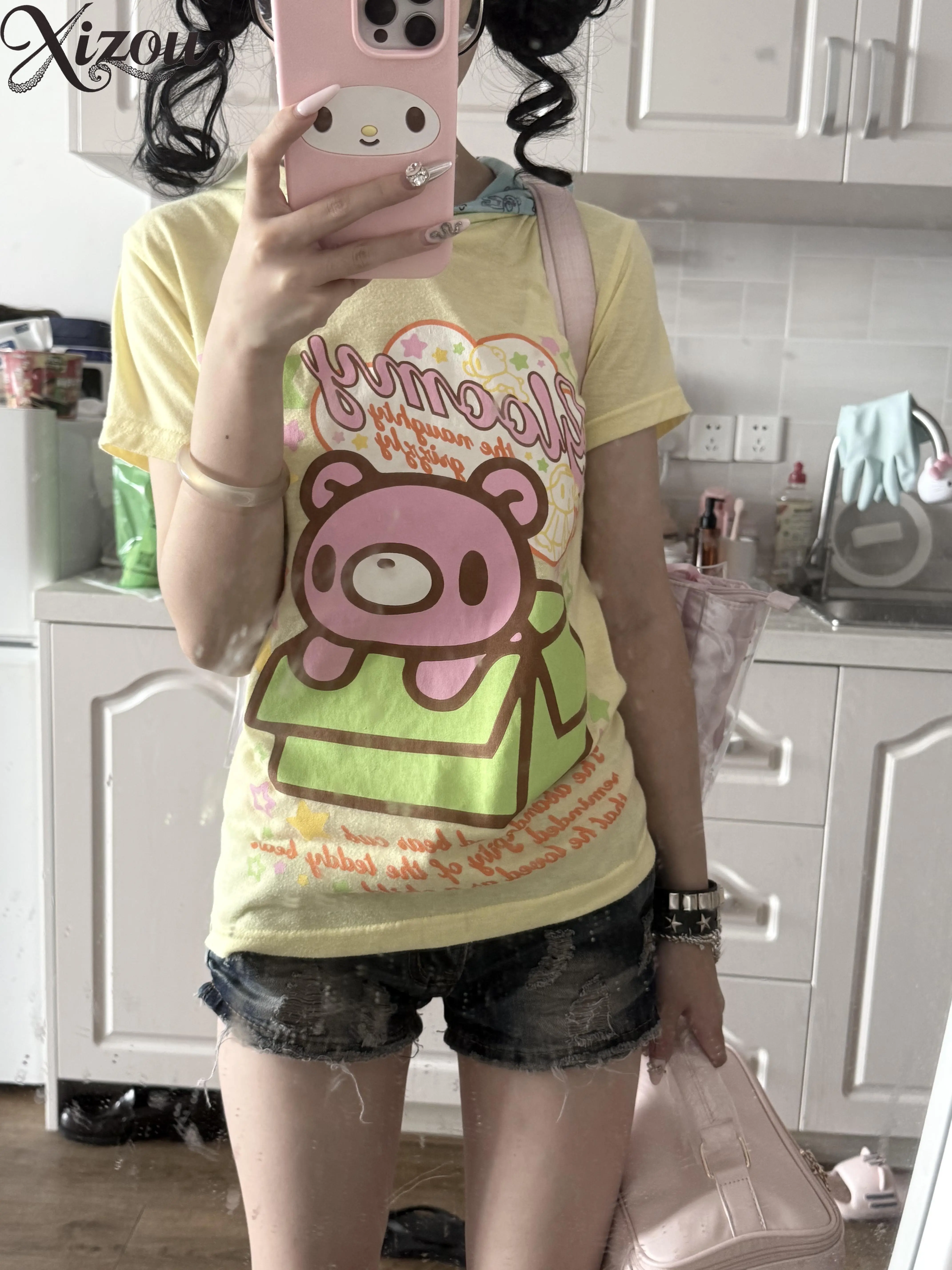 Women Light Blue Bear Graphic Hooded Short Sleeve Tee Cartoon Star Print Kawaii Japanese Harajuku Casual Top Spring Summer 2026