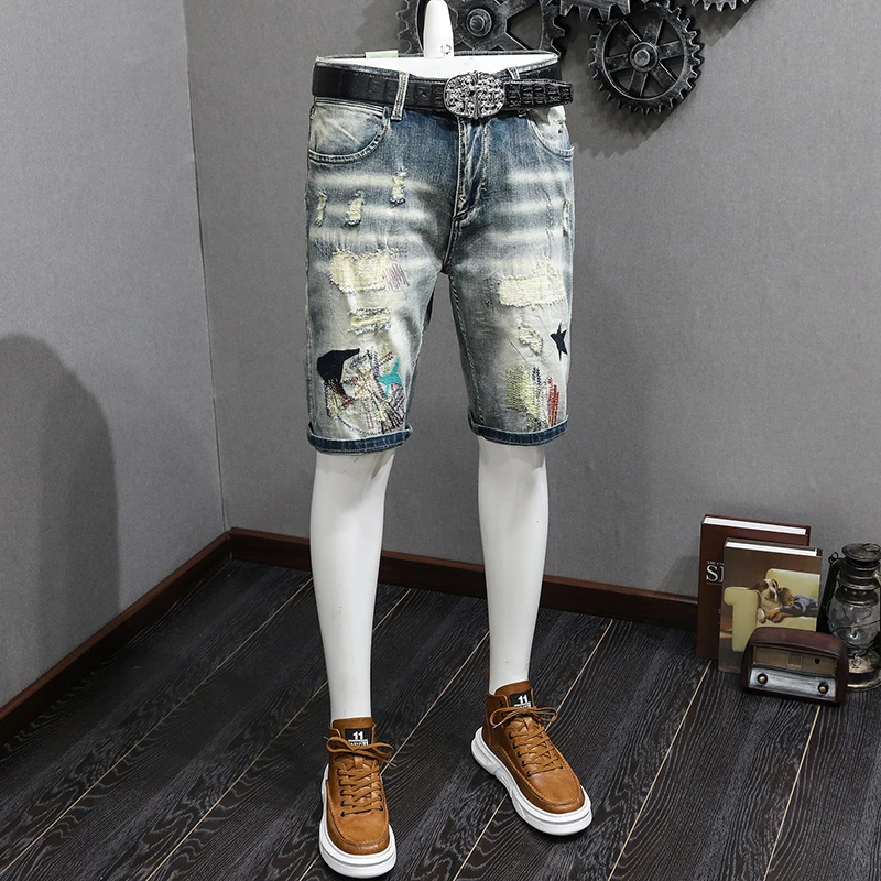 Retro Denim Shorts Men's Nostalgic Hole & Patch Fashion Individual Casual Stretch Slim Fit Summer Pirate Shorts