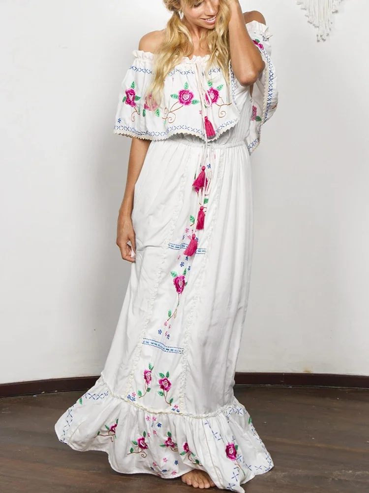 GypsyLady White Boho Floral Embroidered Maxi Dress Off The Shoulder Summer Chic Women Dress Cotton Ladies Holiday Dress Vestidos