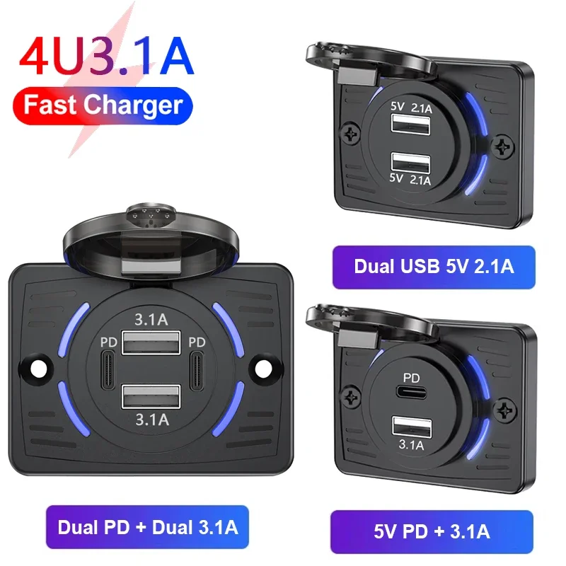 

12 В-24 В Dual USB QC3.0 PD 3.1A/2.1A Автомобильное зарядное устройство Разъем для быстрой зарядки с раздвижной крышкой Адаптер розетки для грузовика Кемпер RV