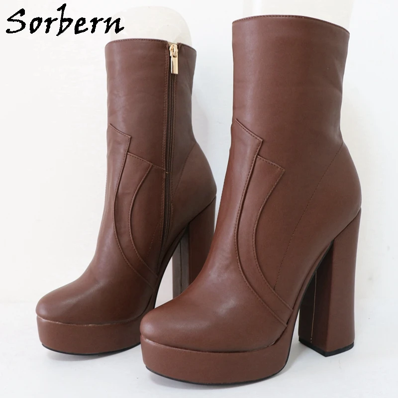 Sorbern Deep Brown Ankle Boots Women Block Heels Short Boots Unisex Style Booties Shoes Custom Multi Size Eu33-48