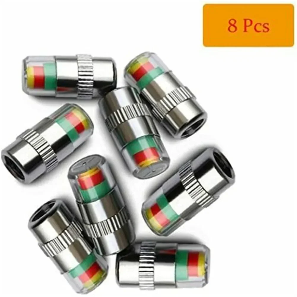 8Pc New Car Tire Pressure Monitor Valve Cap W/Sensor Indicator 3 Color Eye Air -Alert Cap Valve Stem -Caps Sensor Indicator