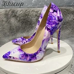 Tikicup Purple Flowers Print Women Patent Pointy Toe High Heel Party Dress Shoes Elegant Ladies Stiletto Pumps Plus Size 44 45