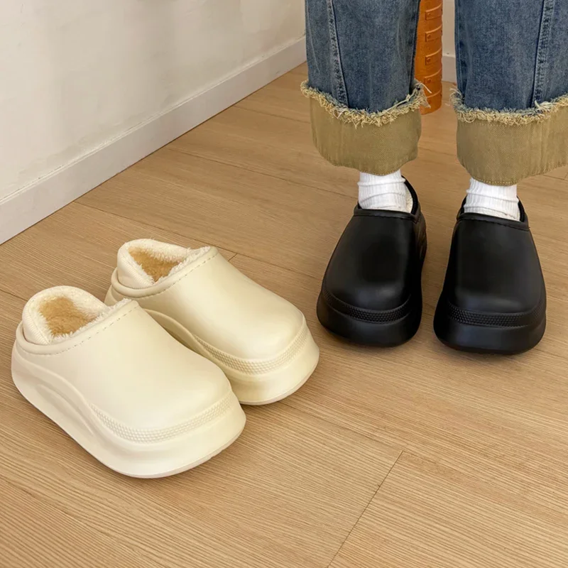 Waterproof Eva Chunky Platform Slippers Women Indoor Non Slip Lightweight Warm Cotton Shoes Woman Comfort Soft Plush Slides