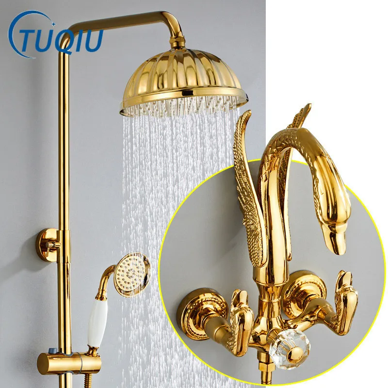 Tuqiu Bathroom Shower Faucet Set Gold Swan Bathroom Rainfall Shower Mixer Tap Polished Gold Brass Bath and Shower Faucet Set