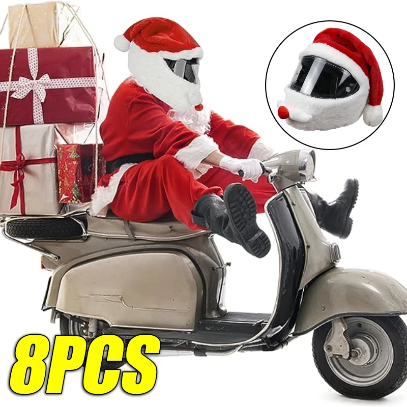 8PCS Santa Claus Helmet Cover Funny Helmet Riding Protective Cover Plush Cartoon Helmet Christmas Decoration