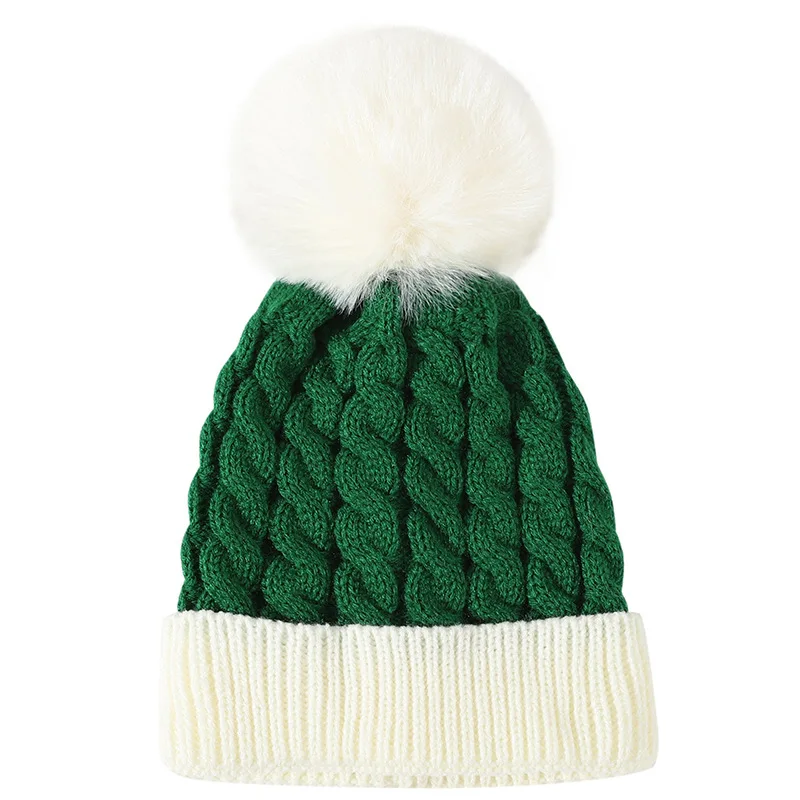 Unisex Winter Red And Green Patchwork Pompoms Knit Hat Christmas Hat For Women Men Christmas Gift